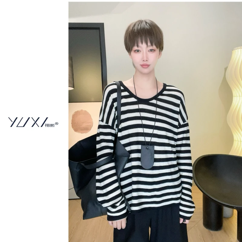 YUXI/祤熙松弛感条纹针织长袖美丽诺羊毛宽松百搭早秋毛衫针织
