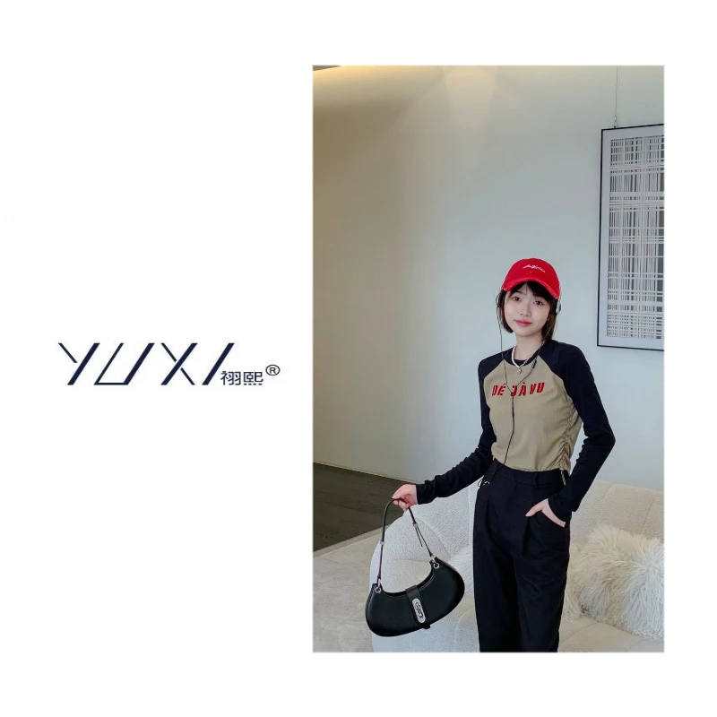 YUXI/祤熙《年终》美式复古插肩长袖正肩T女款春秋设计感小众内搭短