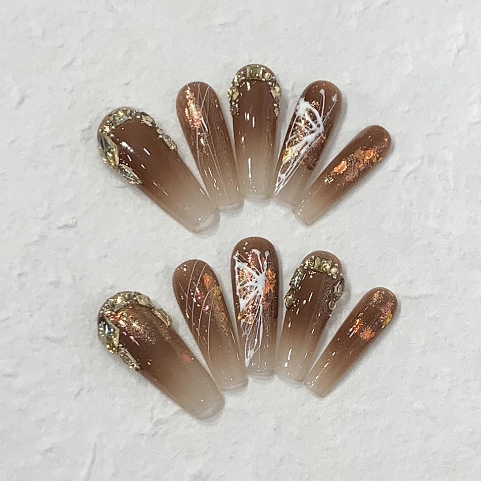 渐变美甲美拉德色纯手工穿戴甲光疗美甲猫眼爆闪温柔美拉德秋冬风