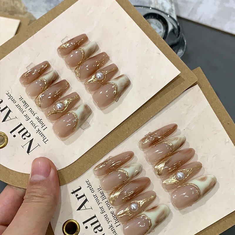 纯手工光疗美甲清冷风美拉德显白穿戴甲成品重复使用美甲贴片可拆
