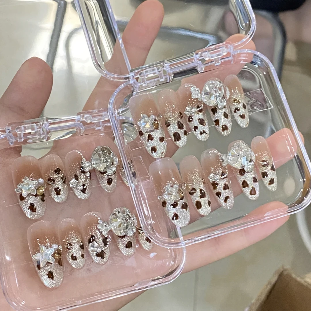 新款手工穿戴美甲闪钻爆闪长款猫眼豹纹假指甲可拆卸成品美甲贴片