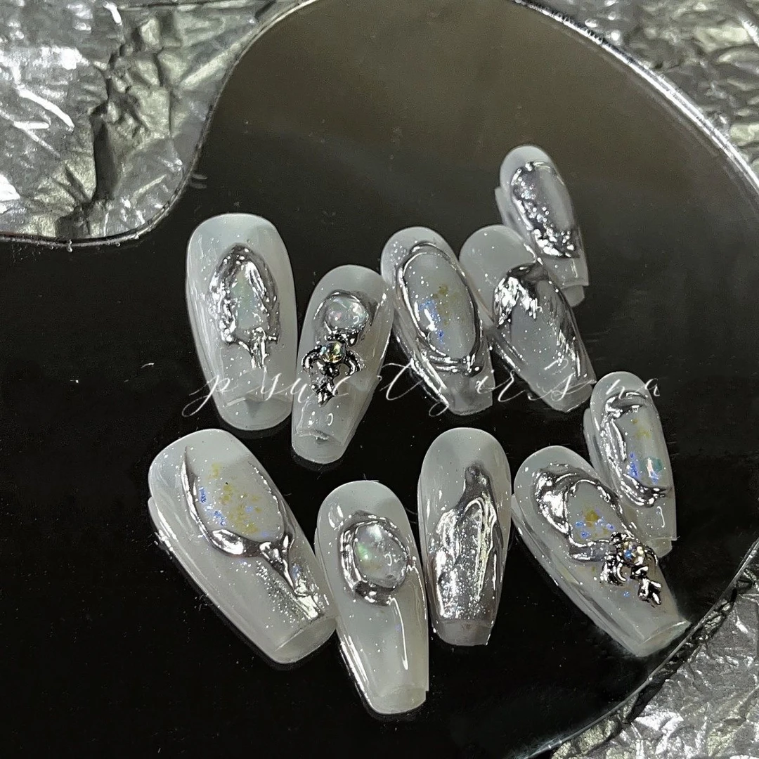 手工美甲穿戴甲甜酷金属极光y2k 辣妹亚文化暗黑指甲贴沧海遗珠