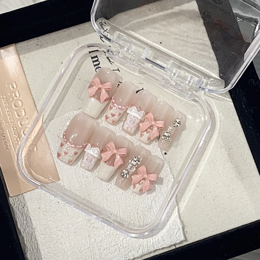 逼真芭蕾卡通甜美风法式美甲蝴蝶结手工银闪贴片穿戴甲蕾丝纯欲