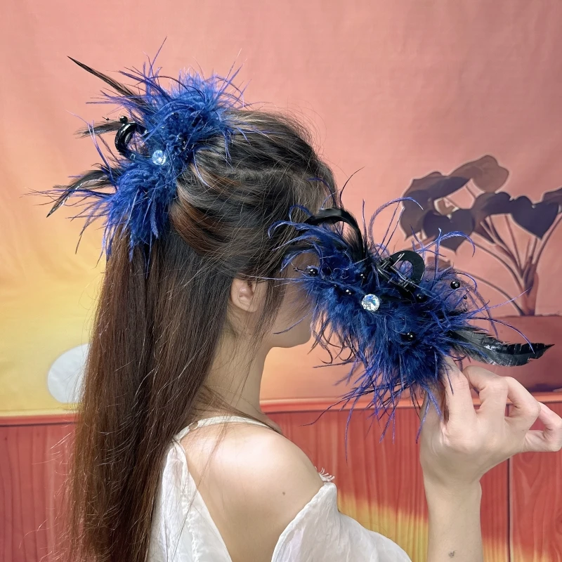 凤羽毛毛抓夹发饰羽毛发夹网红爆款后脑勺鸵鸟毛13公分大号鲨鱼夹