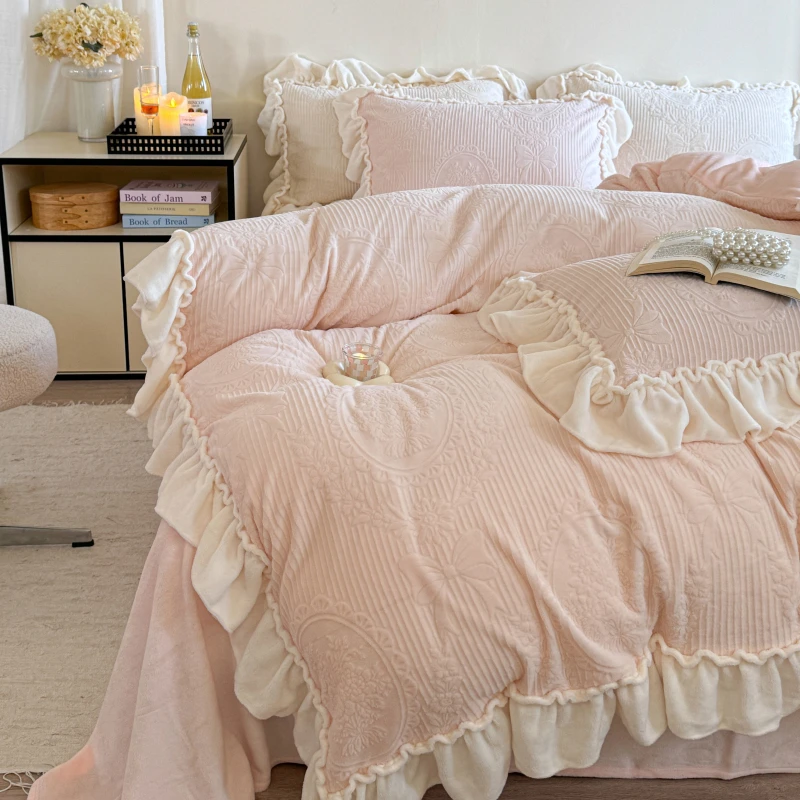 法式公主蝴蝶结提花牛奶绒四件套三件加厚加绒韩式纯色韩版少女心