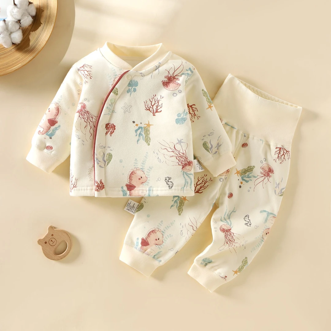 新生婴儿40克薄棉高腰护肚裤套装宝宝春秋冬款免脱内衣可开裆睡衣