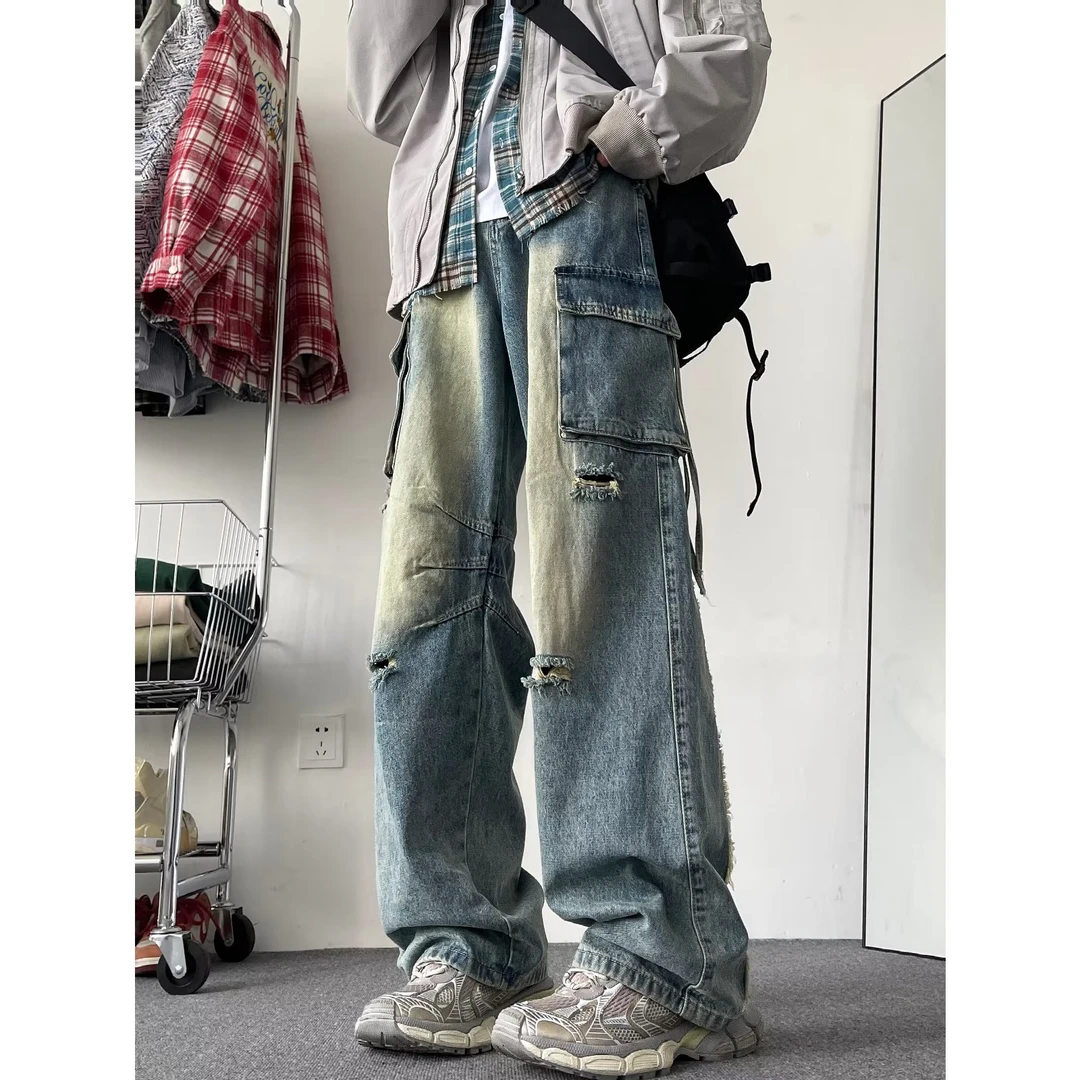 新款港风高街水洗拼接款多口袋阔腿休闲牛仔裤