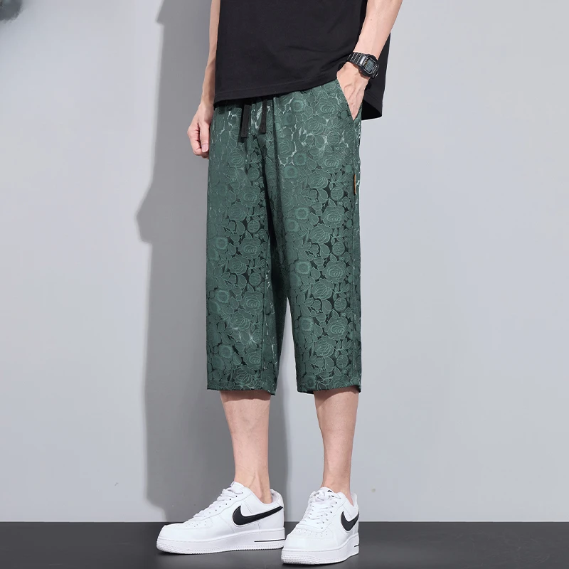 提花冰丝七分裤男士夏季休闲反季直筒百搭宽松潮流透气中裤大码