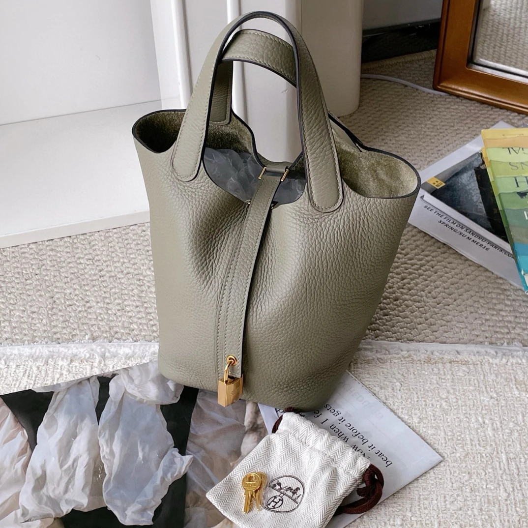 99新 Hermes/爱马仕 菜篮子18鼠尾草绿金扣U刻 尘袋B8721