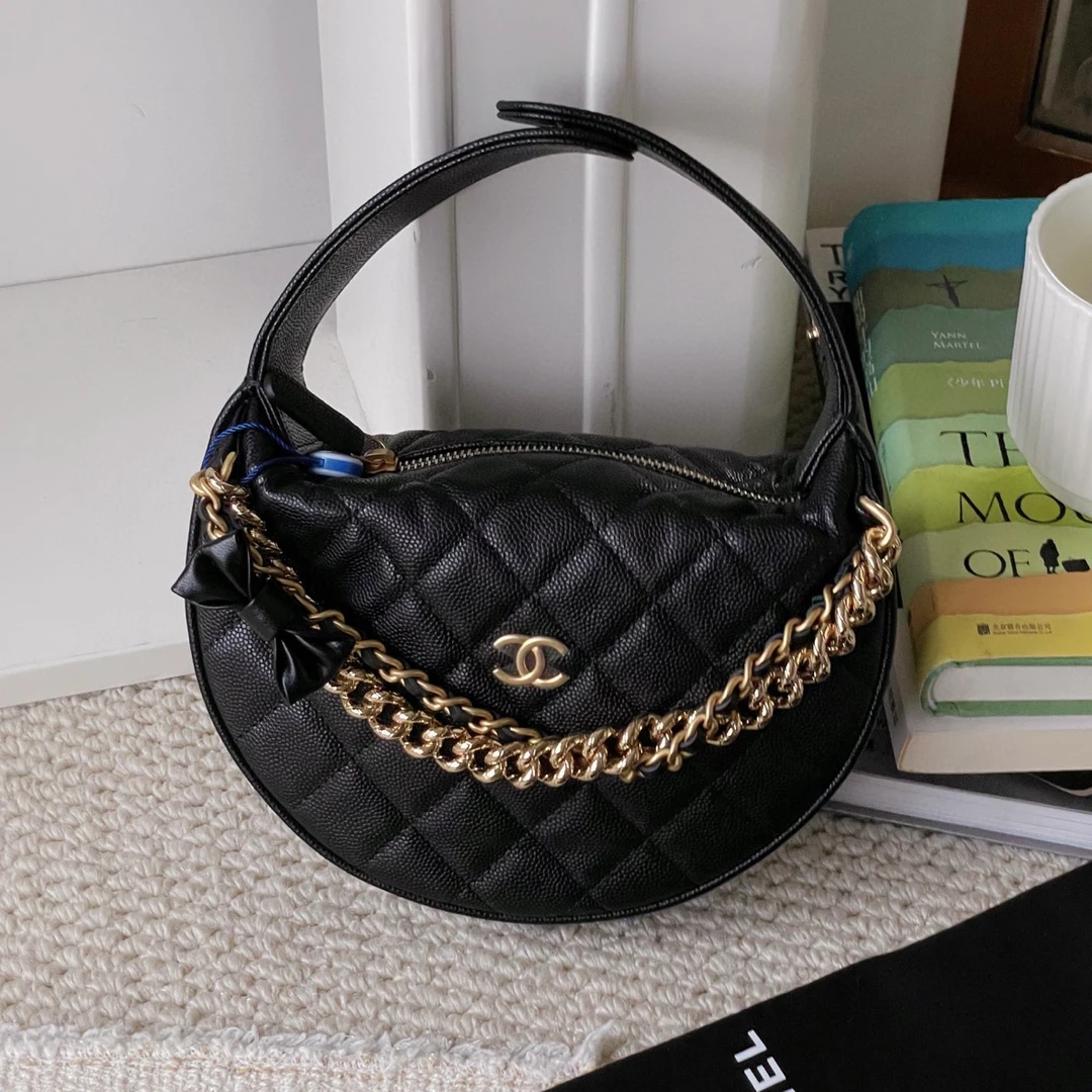 99新 Chanel/香奈儿 Jm2-6537 黑金荔枝牛皮呼啦圈手提包24s