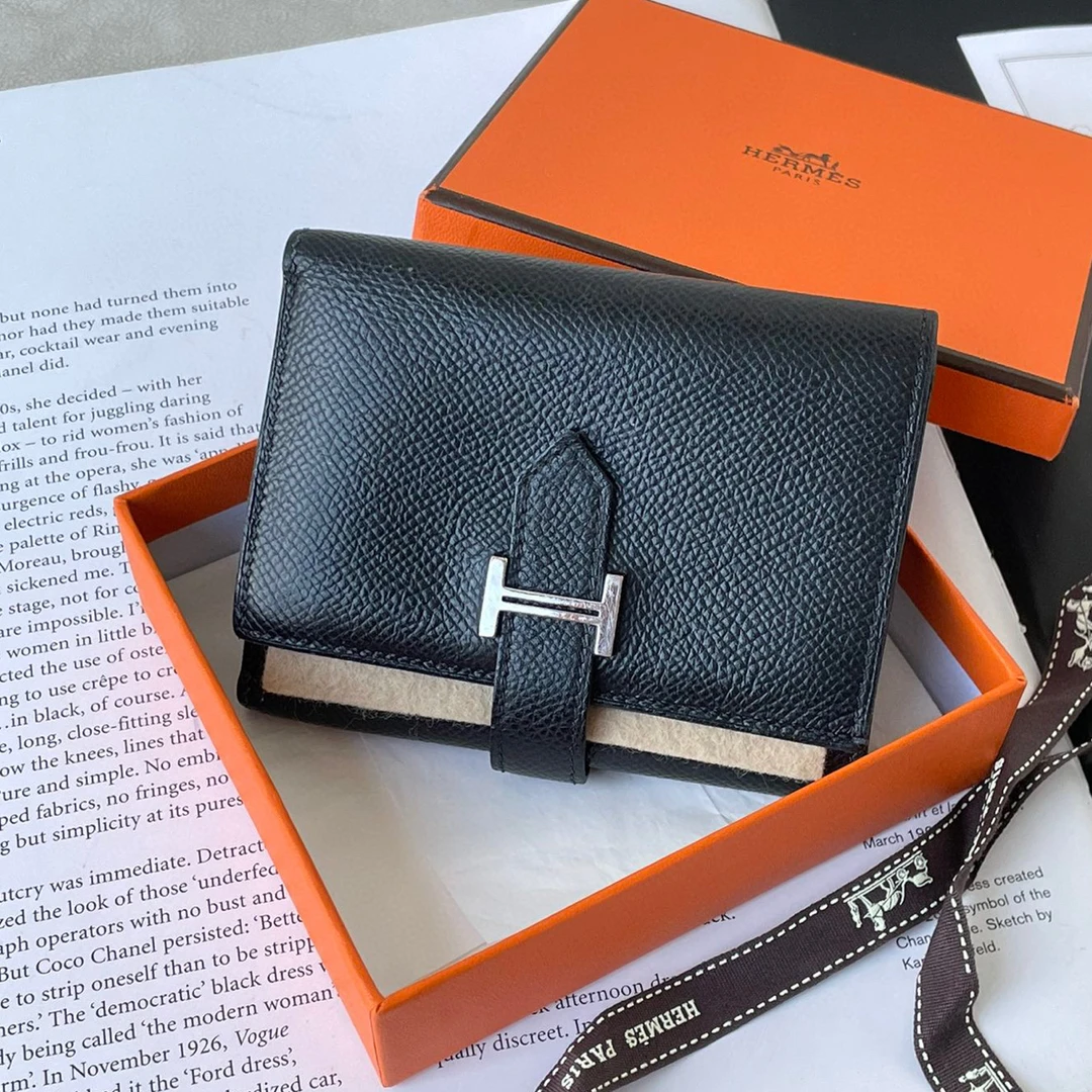 99新 Hermes/爱马仕 短款黑银Bearn三折钱包JM12-0896