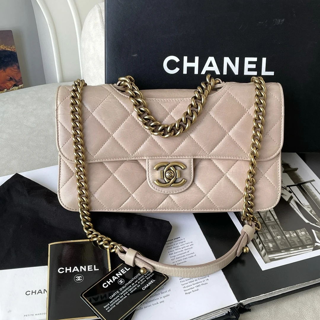 99新 Chanel/香奈儿 浅粉色金扣小号孟买链条包 jm2th48-0061