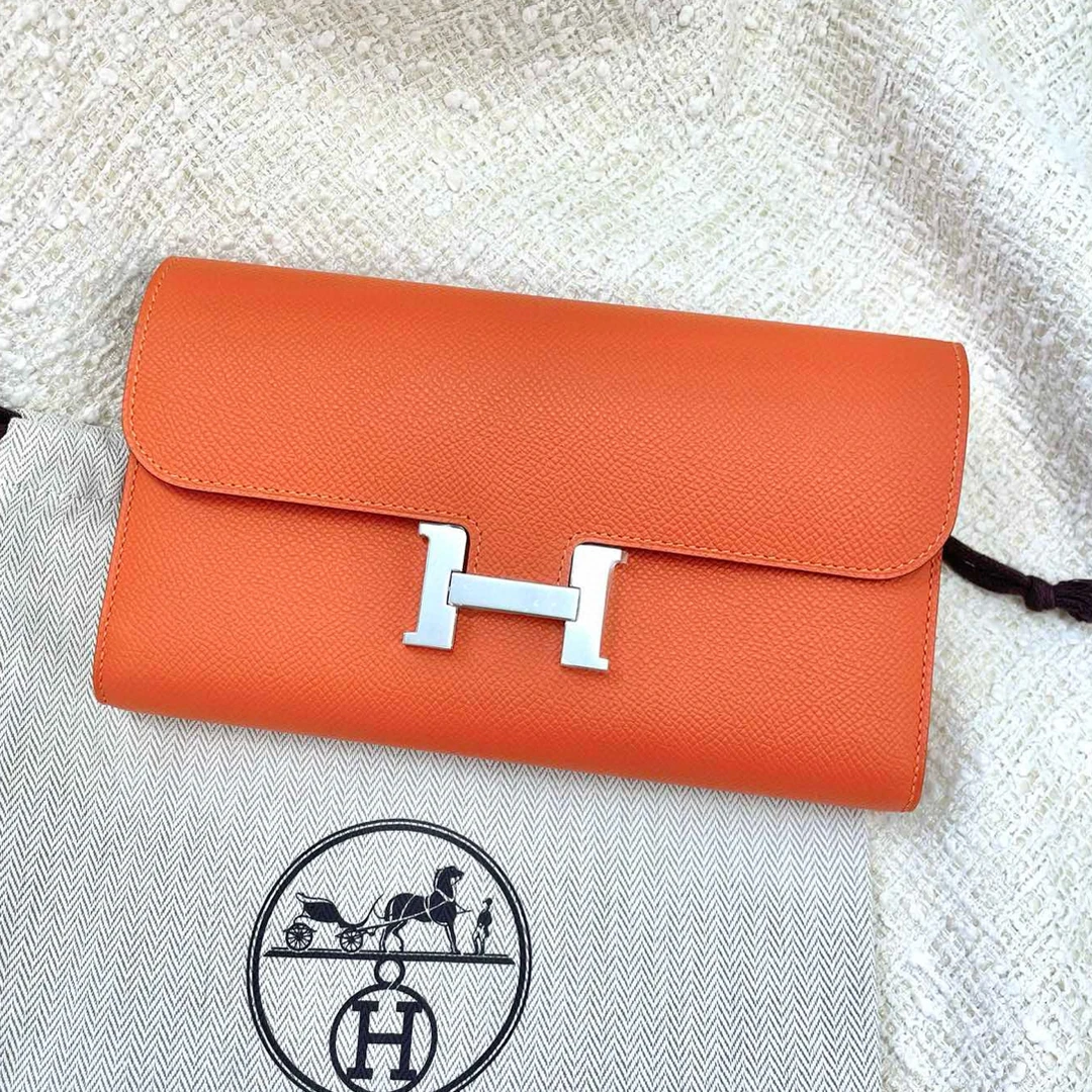 99新 Hermes/爱马仕 橙色银扣康康钱包 TH39-0041