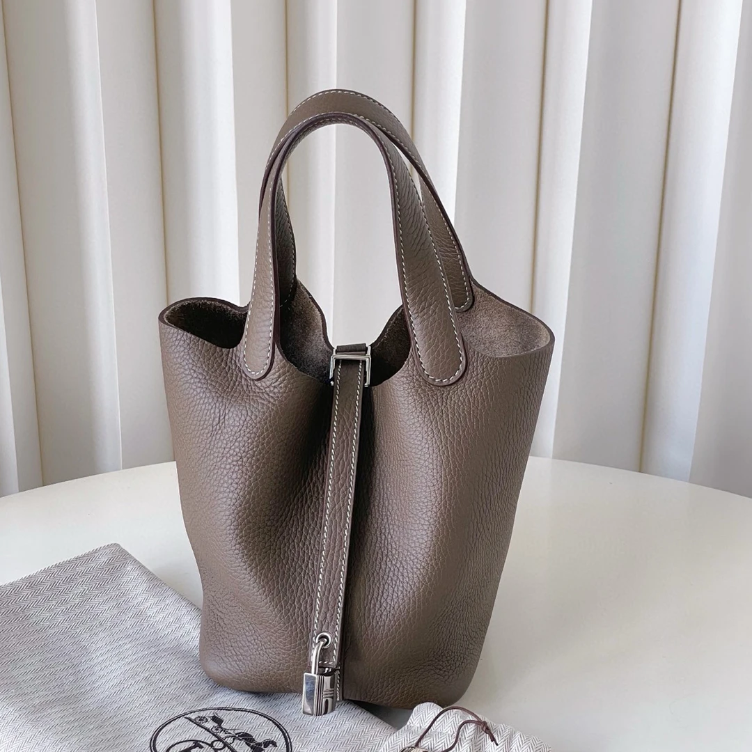 99新 Hermes/爱马仕 菜篮子 18 大象灰银扣手提包 z刻 CG11-0010