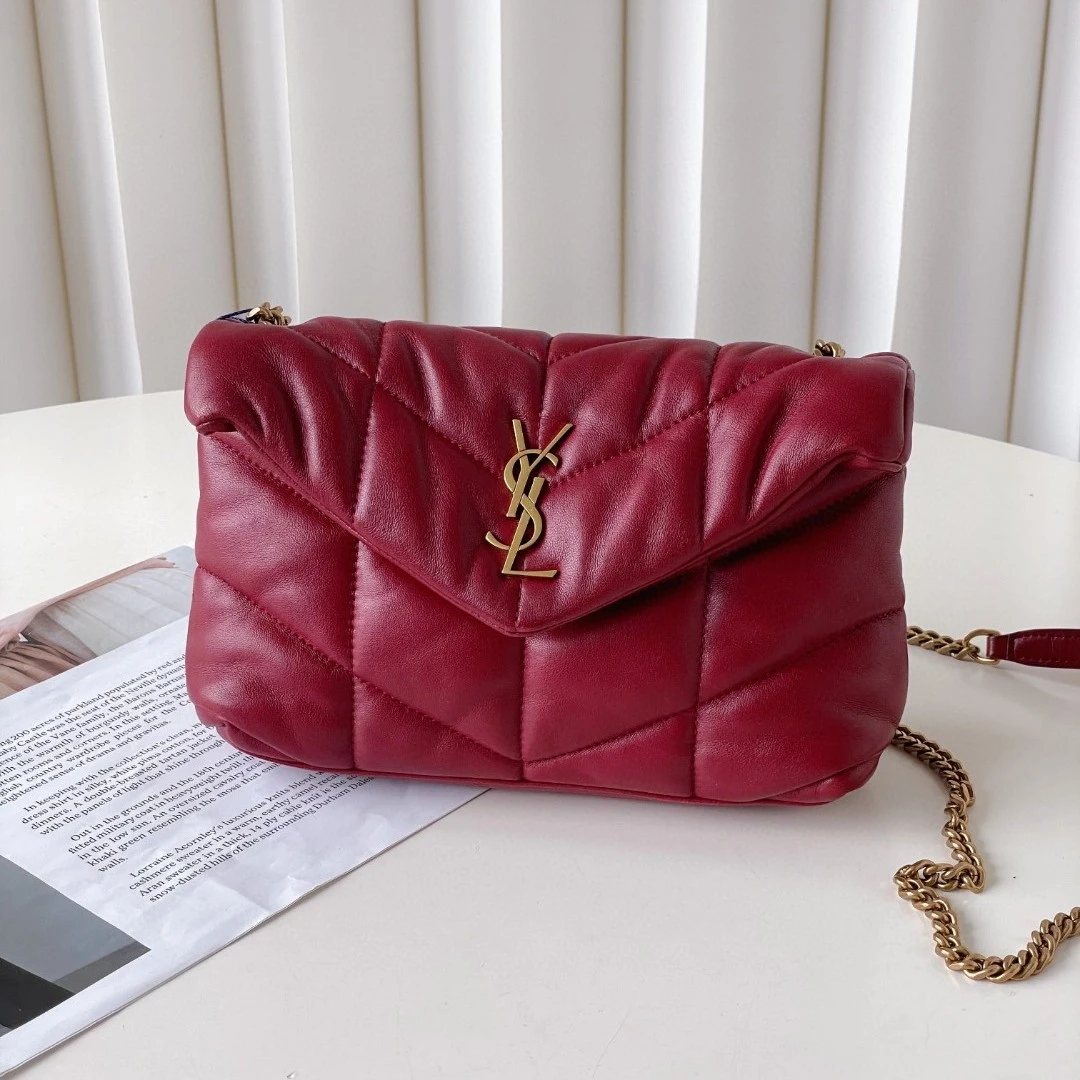 99新 YSL/圣罗兰 酒红色puffer云朵包小号中检吊牌JM10-0936