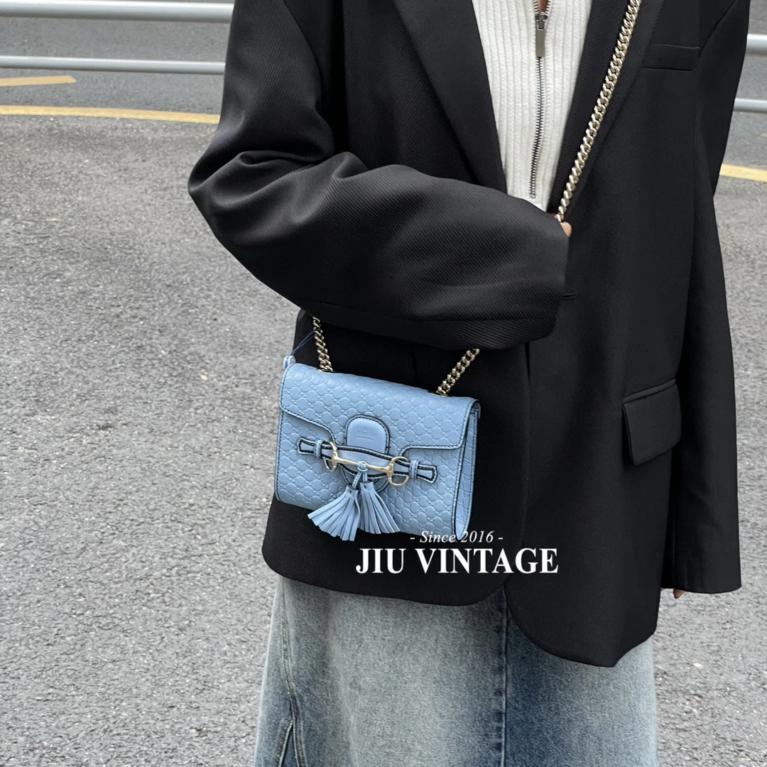 全新未使用 GUCCI/古驰 蓝色 Emily 马衔扣流苏链条包 JM10-0334