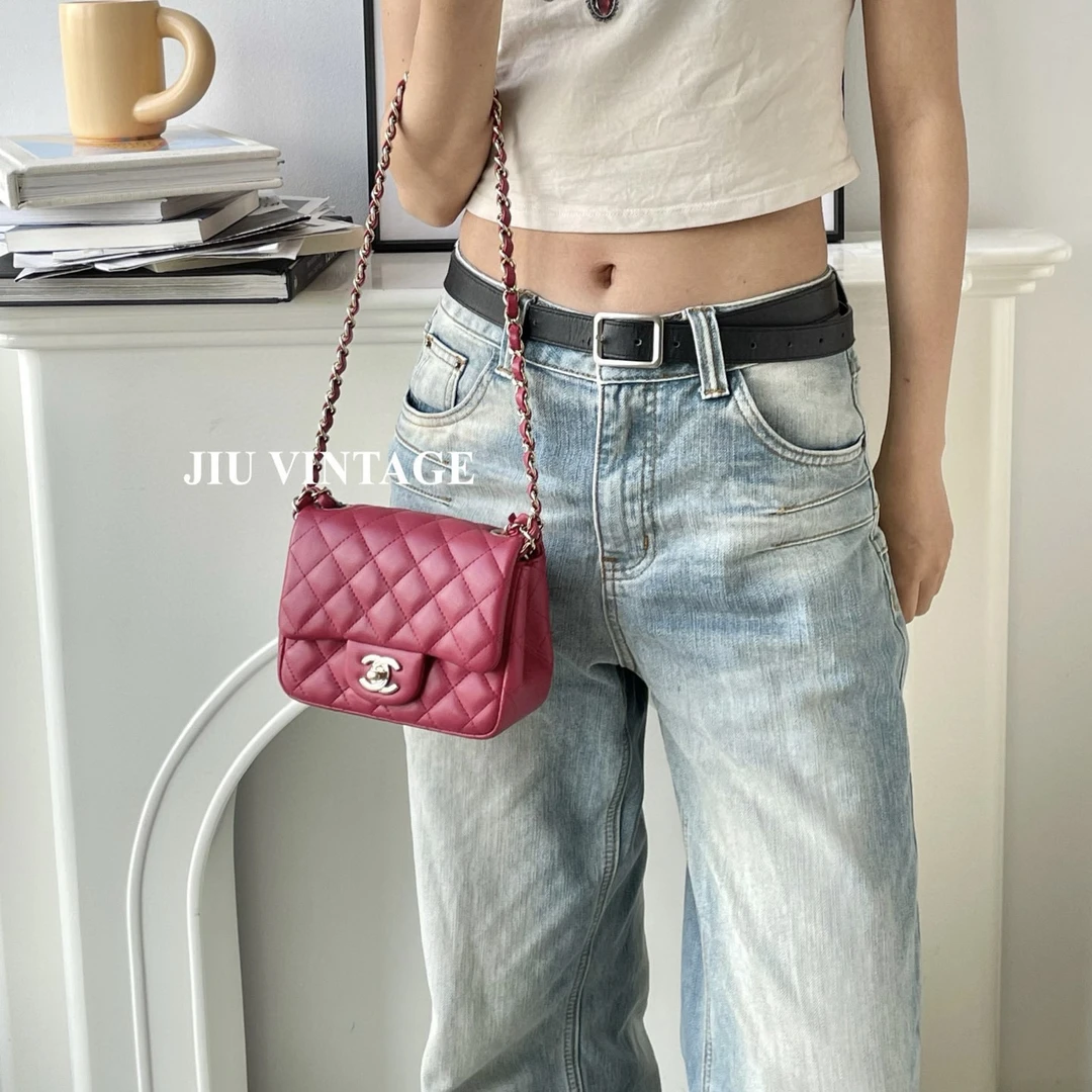 99新 Chanel/香奈儿 粉色淡金扣方胖子斜挎包芯片款 JM7-2961