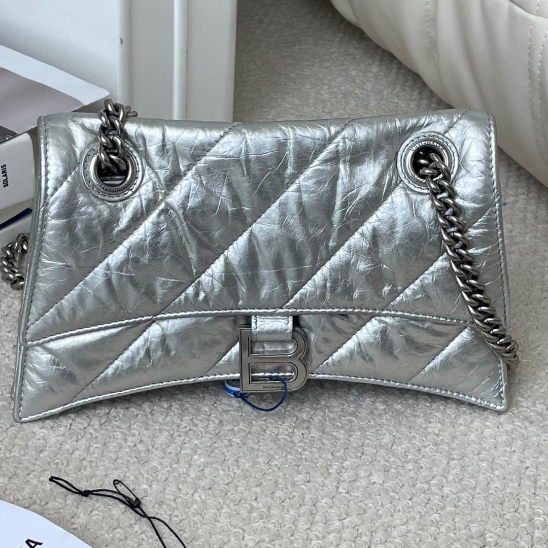 99新 Balenciaga/巴黎世家 褶皱沙漏包Crush银色 BJM12-0731