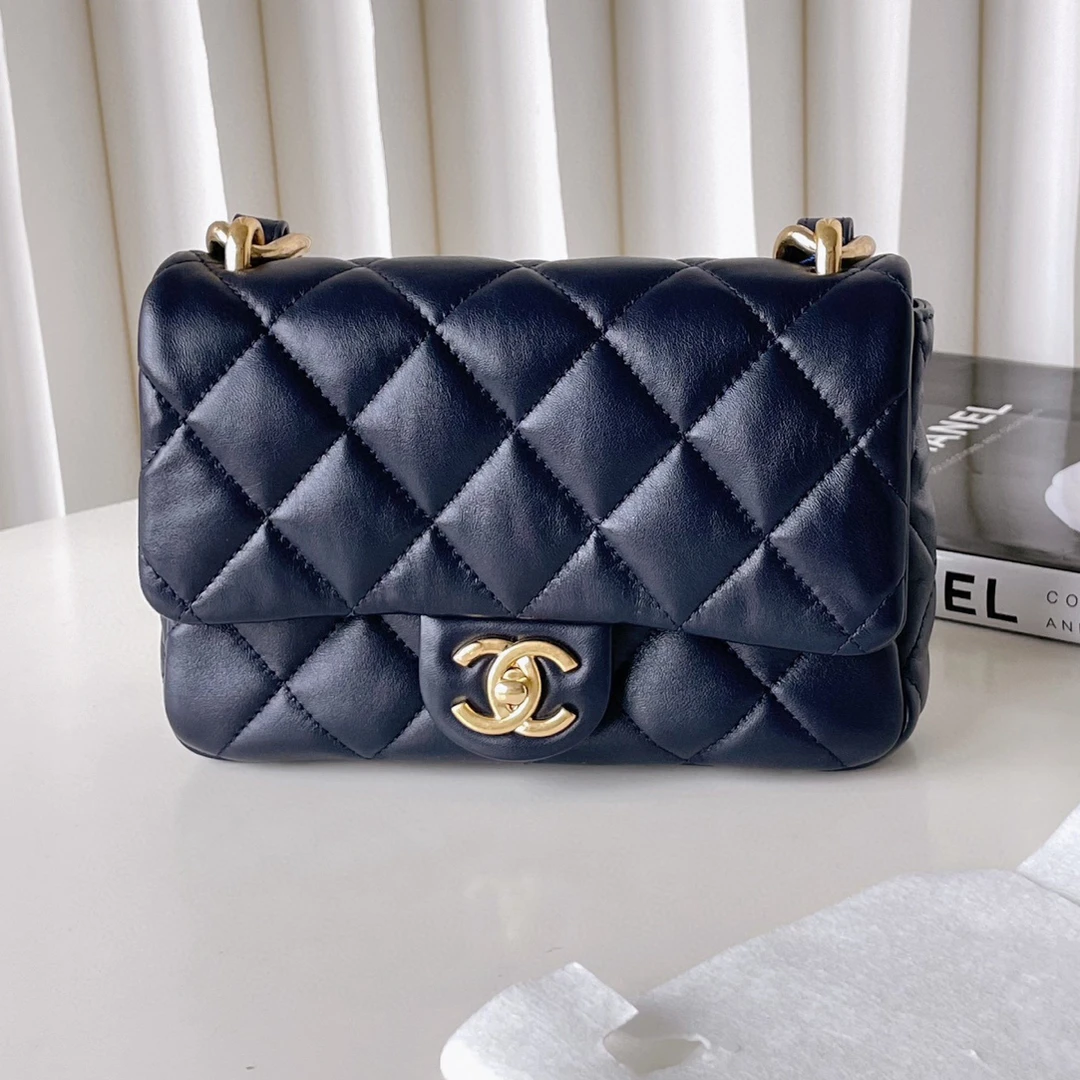 99新 Chanel/香奈儿 22s 藏蓝色粗链条方胖子单肩包 JM10-0630