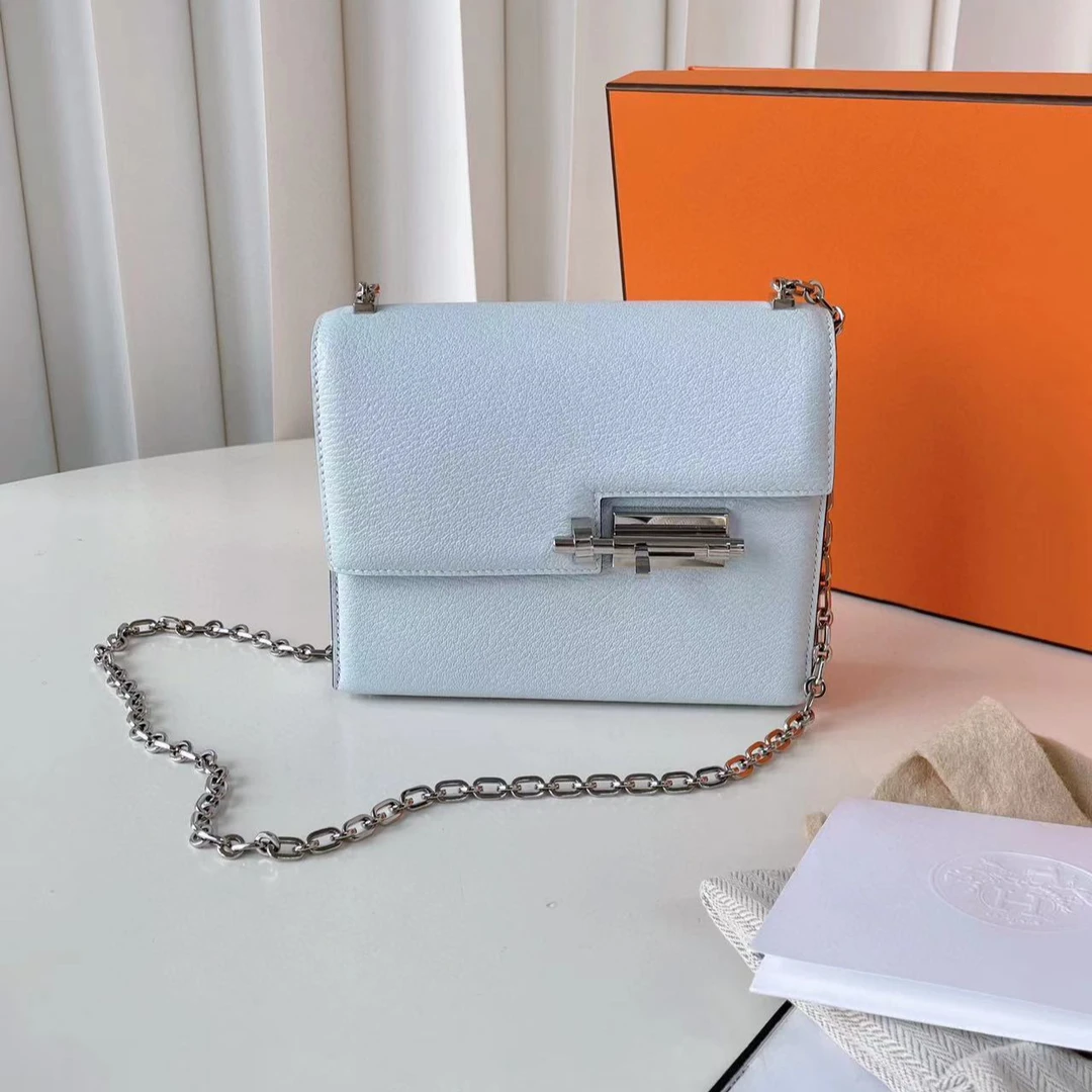 95新 Hermes/爱马仕 verroumini手提包雾霾蓝山羊皮U刻 JM10-0893