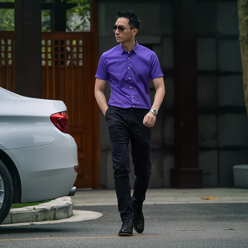 男士短袖衬衫夏季新款商务职业免烫紫色正装修身衬衣男纯色方领