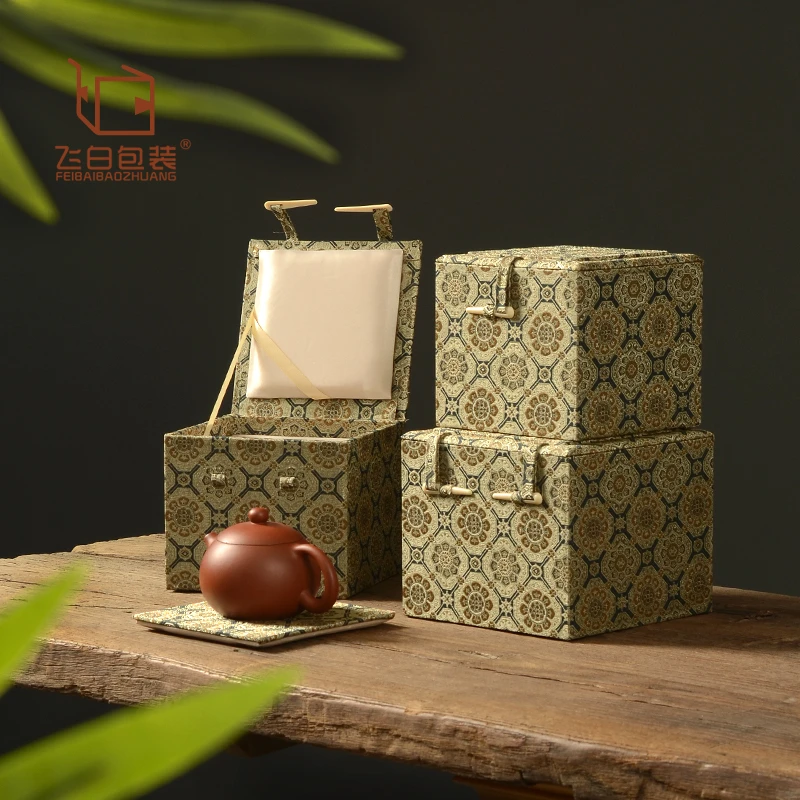 八边花纹宋锦盒紫砂壶布艺包装盒高档古风文玩茶具复古收纳礼品盒