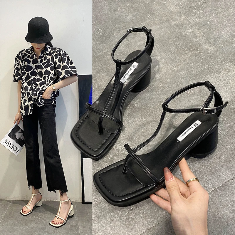 设计感小众时装凉鞋女2023夏季新款豹纹一字带高跟淑女罗马粗跟鞋