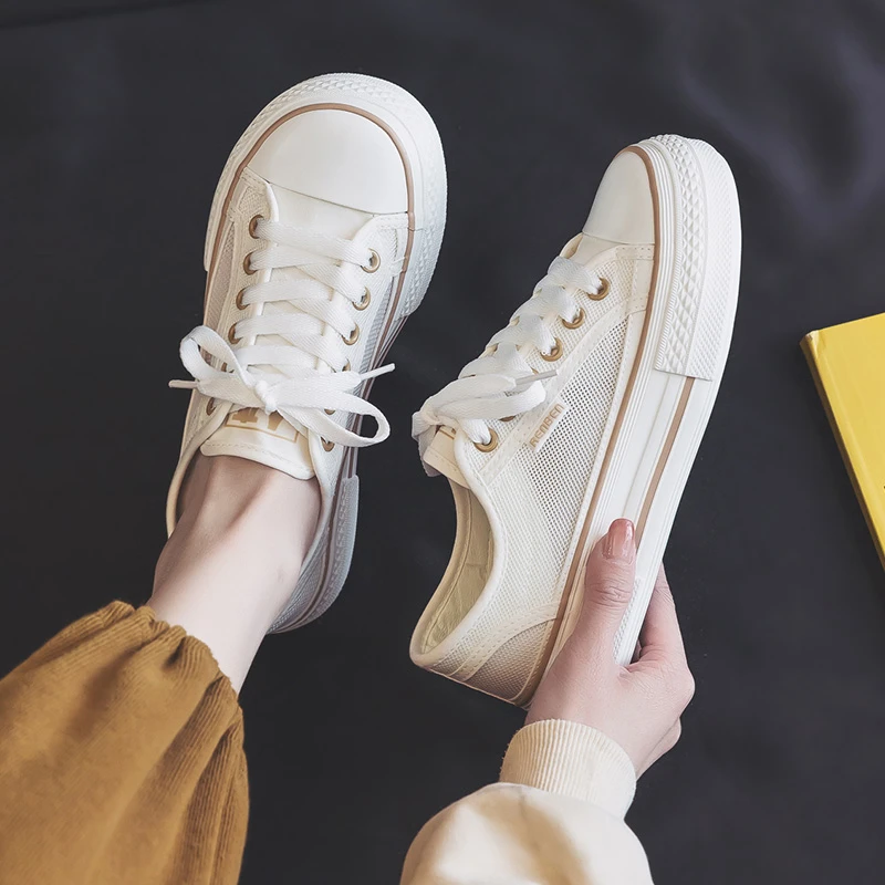人本夏季网面帆布鞋透气厚底休闲鞋情侣款板鞋百搭小白鞋潮23029