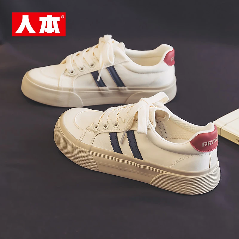 人本秋季帆布鞋女士系带厚底人闲鞋双杠低帮学生ins透气板鞋23197