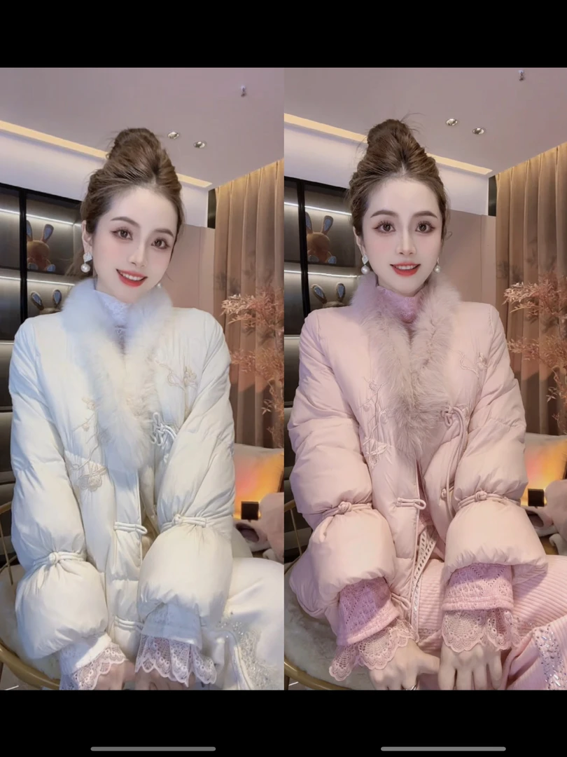 SS.studio/双双““千山暮雪”2024冬款狐狸毛白鸭绒新中式高级外套