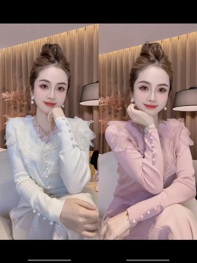 SS.studio/双双“白富美”秋冬款定制蕾丝甜美洋气线衣上衣