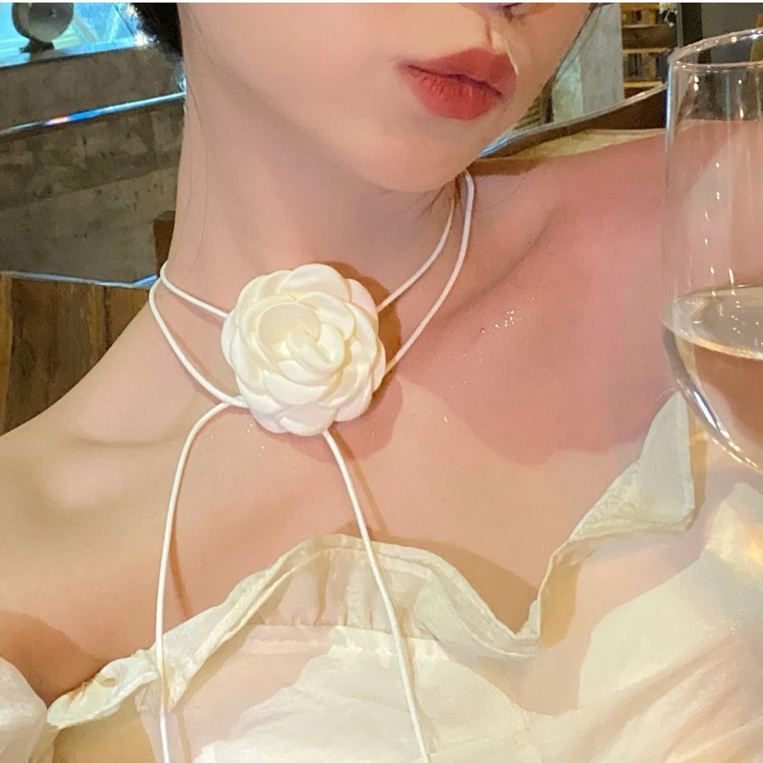 非金属布艺项链 山茶花朵项链女项圈锁骨颈链黑色玫瑰脖子系颈花