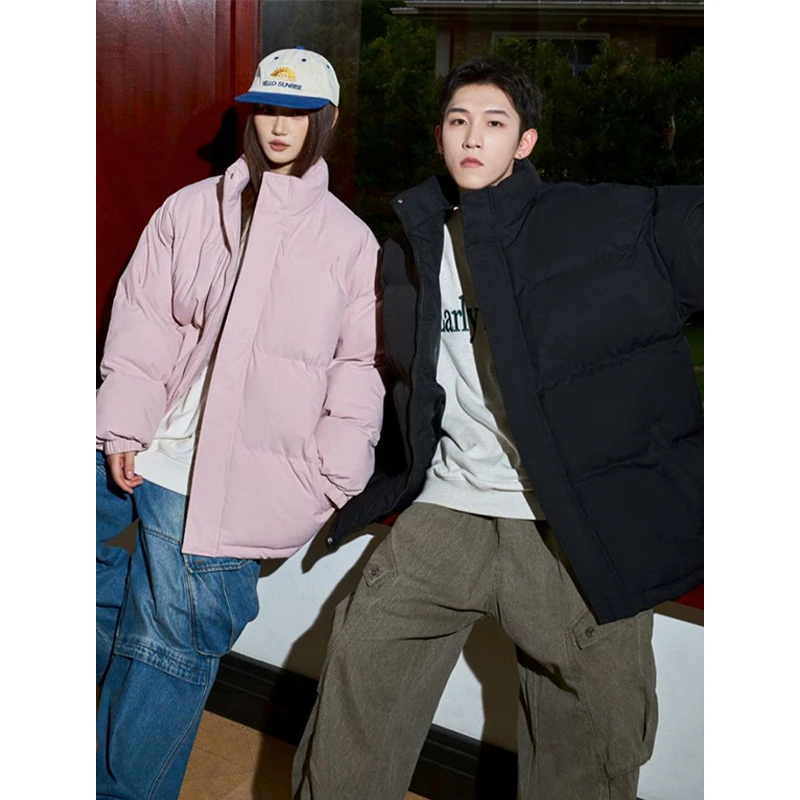 潮牌美式风纯色深冬加厚立领棉服御寒保暖情侣款棉衣外套