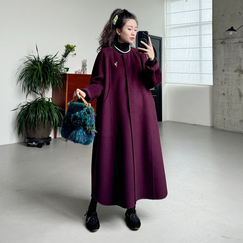 满壹【小众复古】【110S澳毛/白山羊绒】长款圆领毛呢外套女大衣