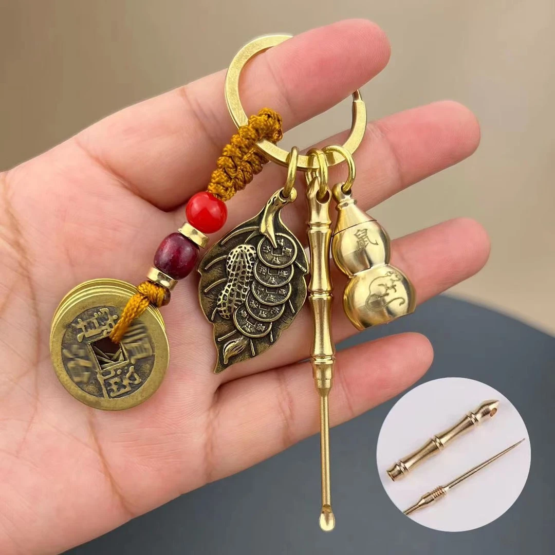 【黄铜】十二生肖招米葫芦挂件竹节式牙签耳勺一体两用居家挂饰