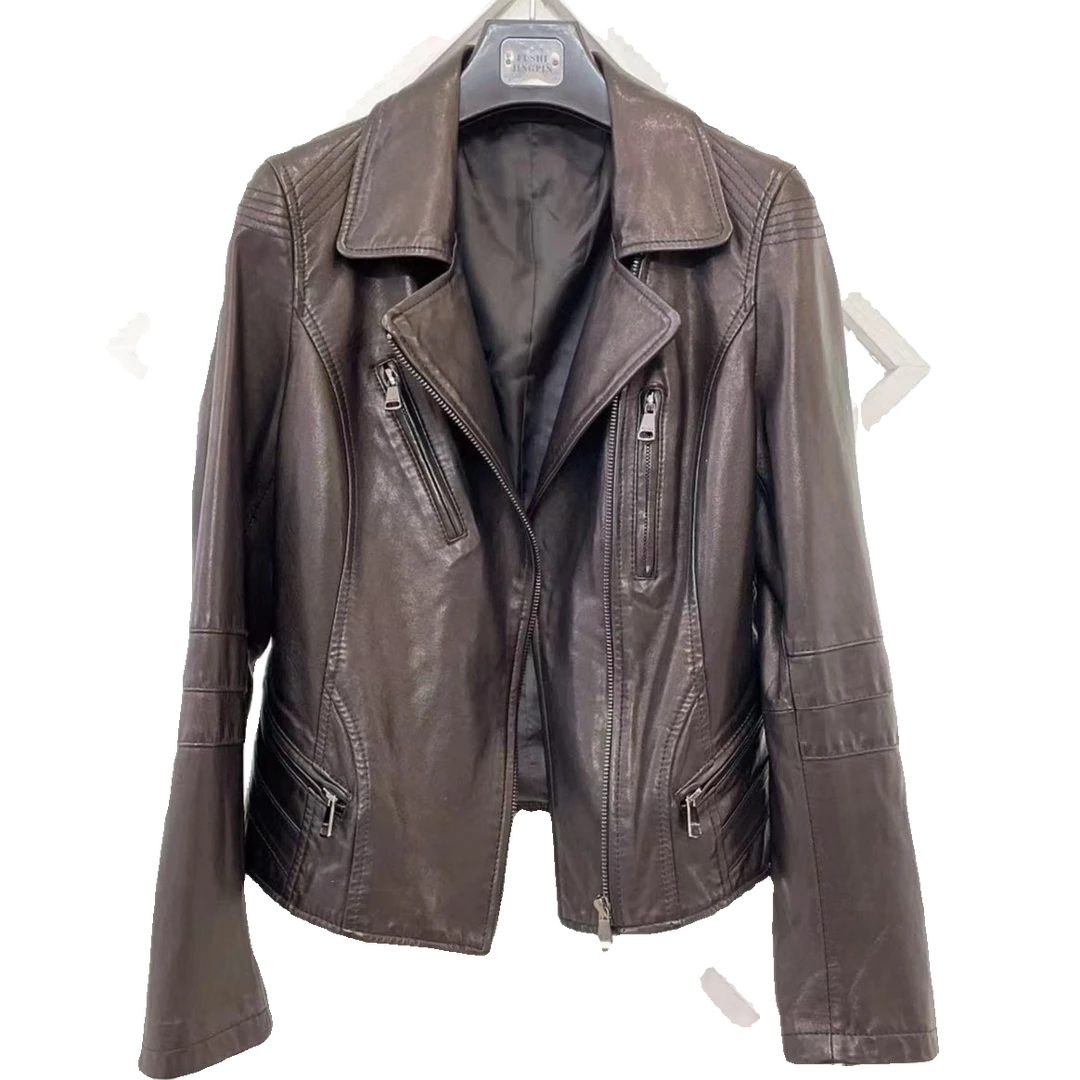 2022新款简约时尚立领真皮夹克休闲百搭绵羊皮方领机车女外套皮衣