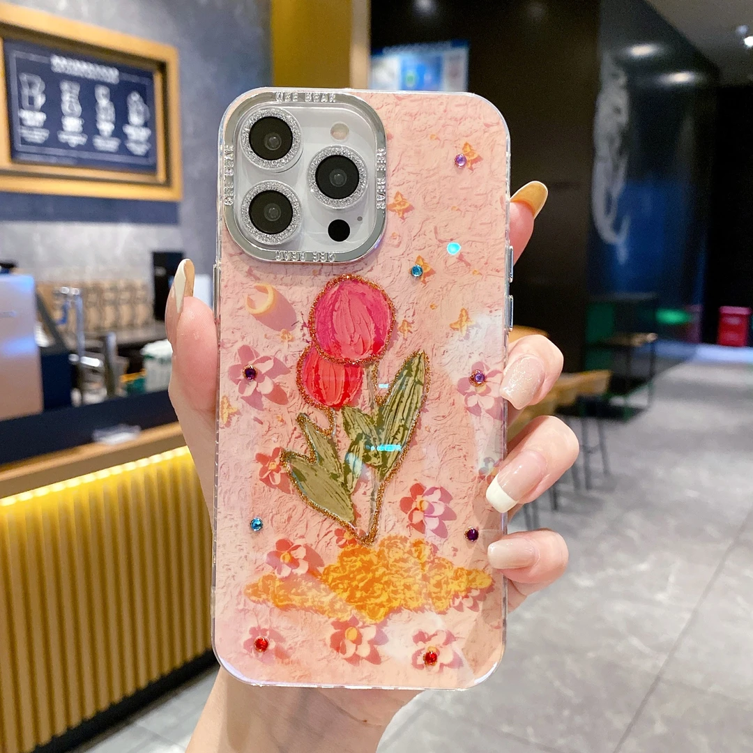 水钻透明花朵适用iPhone13promax苹果14/15/12全包防摔手机壳创意