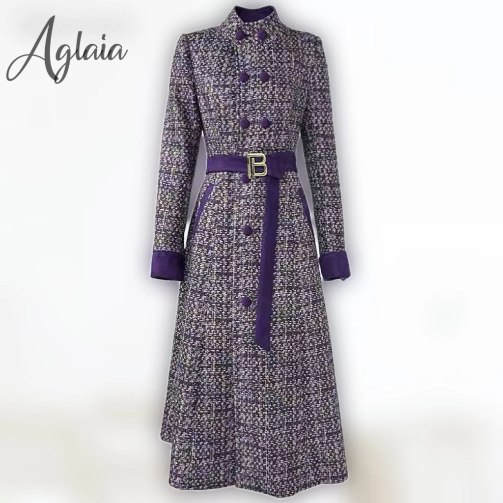 Aglaia高级感2024秋冬新款气质优雅复古撞色拼接长款连衣裙9211