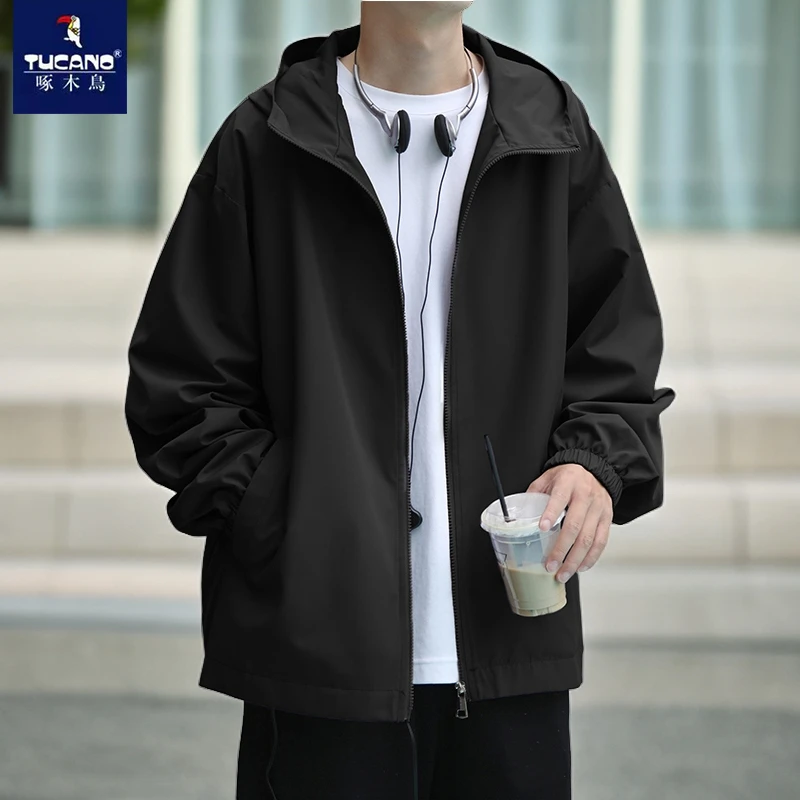 啄木鸟男士春秋季新款潮流百搭户外连帽夹克大码防风宽松休闲外套
