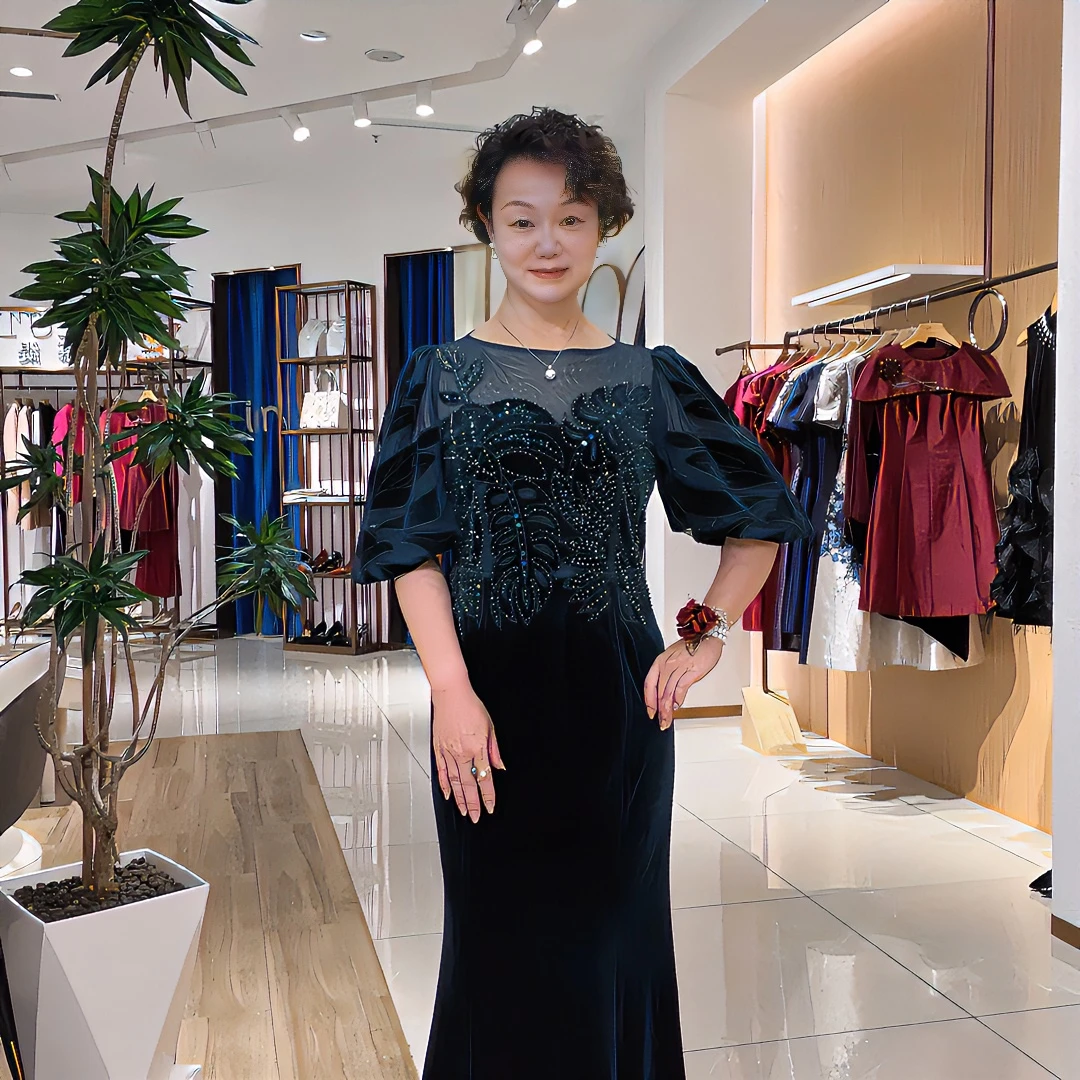 优雅高级定制绿色大高光礼服轻奢重工显瘦气质名媛长款泡泡袖时尚