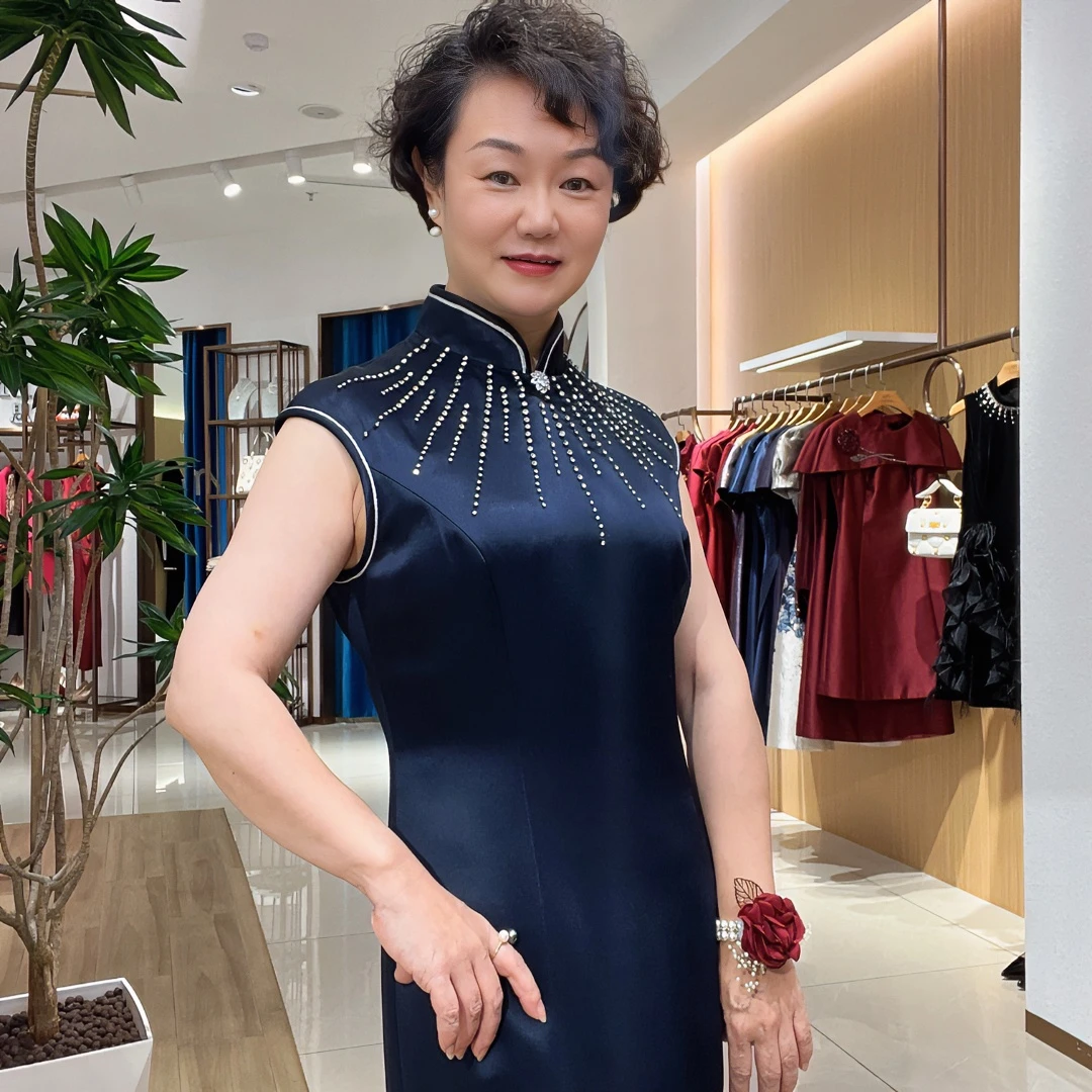 藏蓝立领新国风显瘦轻奢礼服无袖