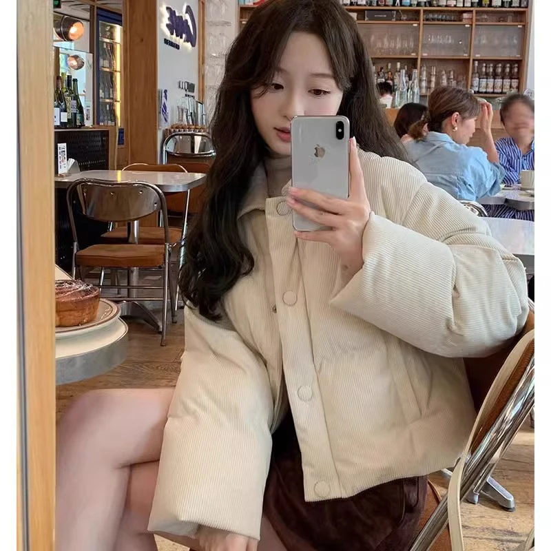 翻领短款灯芯绒羽绒棉服女冬季新款小个子加厚学生面包服棉衣外套