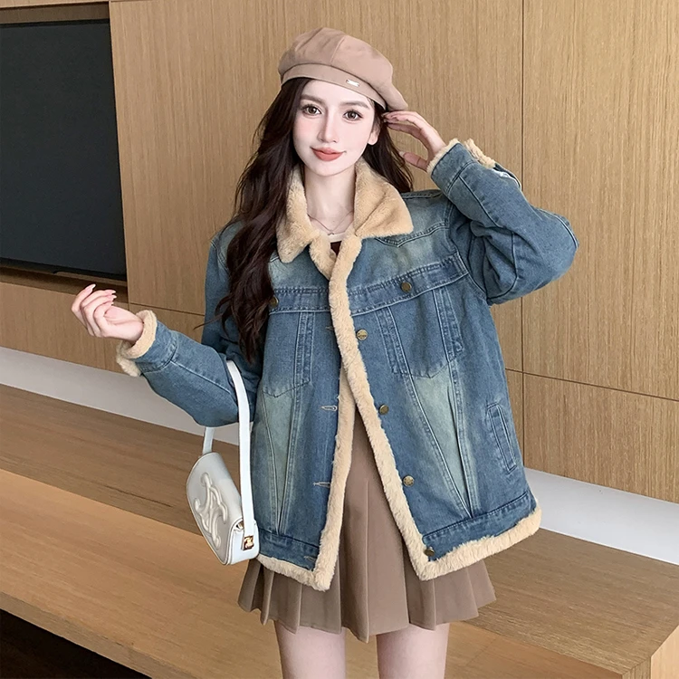冬季加绒加厚牛仔外套女韩版时尚休闲复古设计感bf风牛仔棉衣
