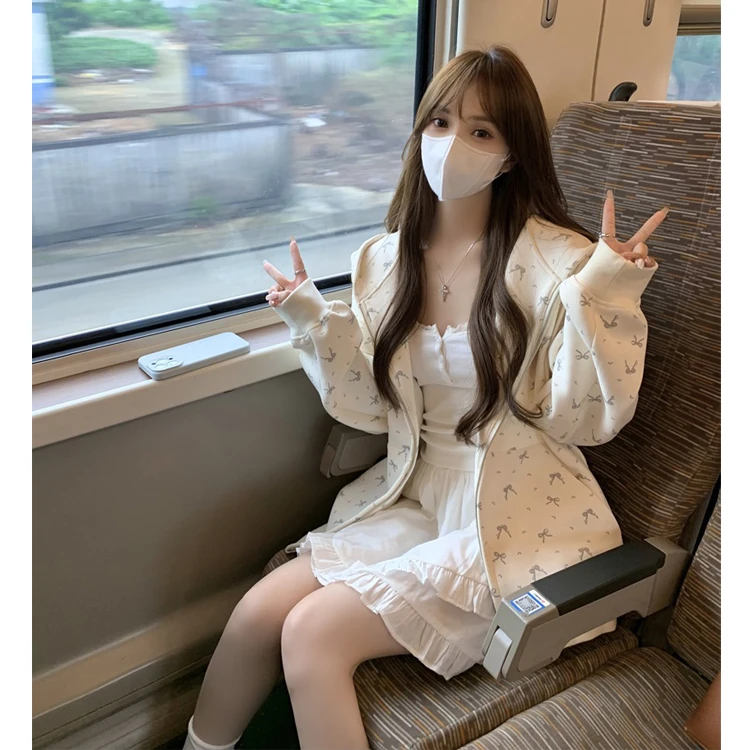 碎花开衫外套空气层韩系蝴蝶结连帽拉链卫衣女秋冬宽松学院风外套