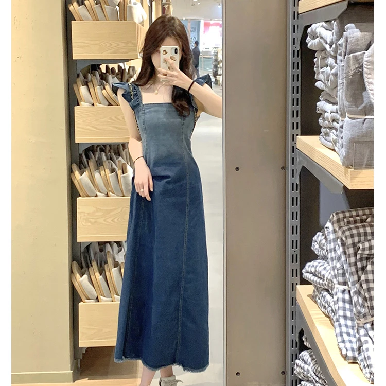 夏季时尚复古减龄高腰连衣裙韩版小飞袖气质显瘦长裙辣妹牛仔裙