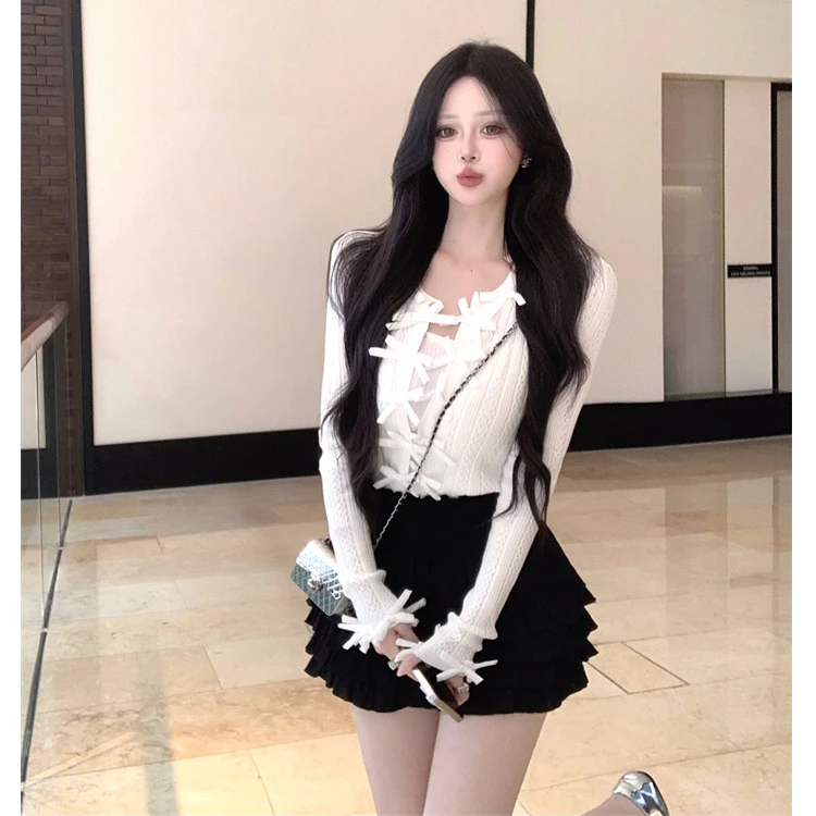 早秋chic白色针织衫上衣2024新款秋长袖上衣小香蝴蝶结开衫女