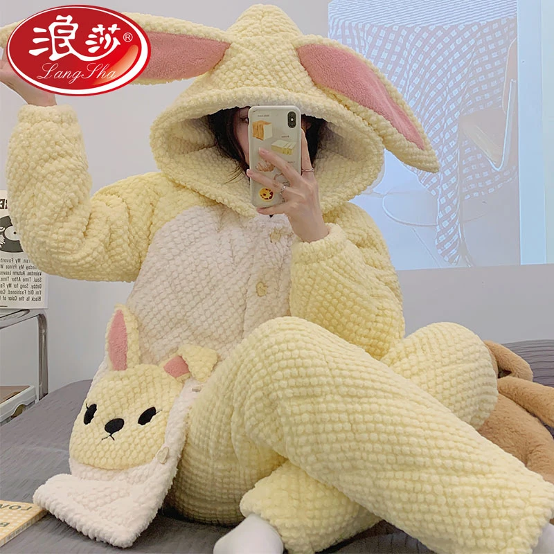 浪莎珊瑚绒睡衣女冬季三层夹棉加厚加绒法兰绒甜美居家服套装2360