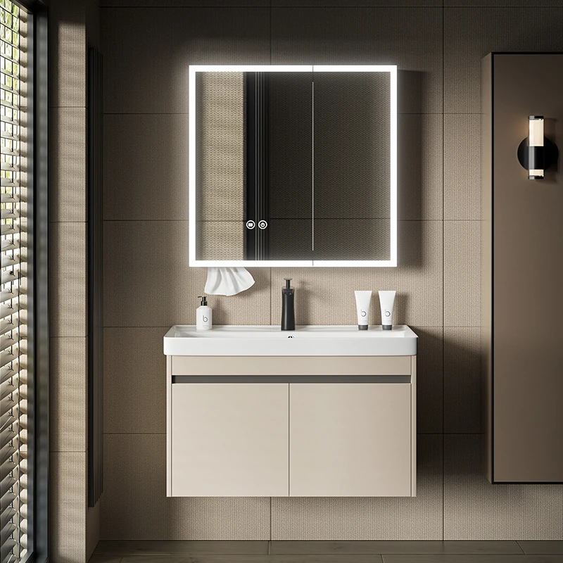 奶油风蜂窝铝合金浴室柜组合陶瓷洗手池一体盆洗漱台卫生间洗脸柜