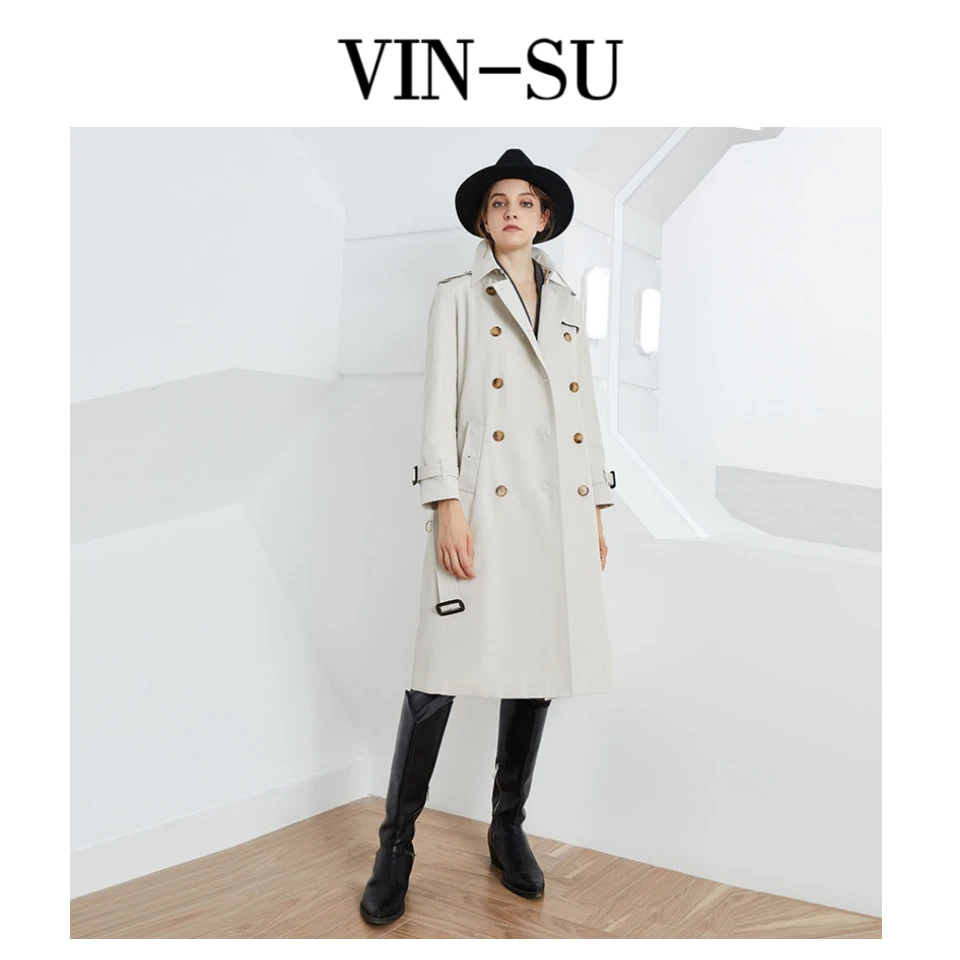 VINSU风衣女气质英伦风春秋外套女双排扣时尚三款长度过膝长袖Q