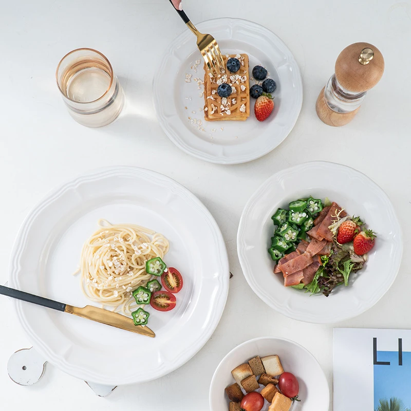 芙蓉款式纯白浮雕系列陶瓷餐盘瓷盘早餐盘意面盘